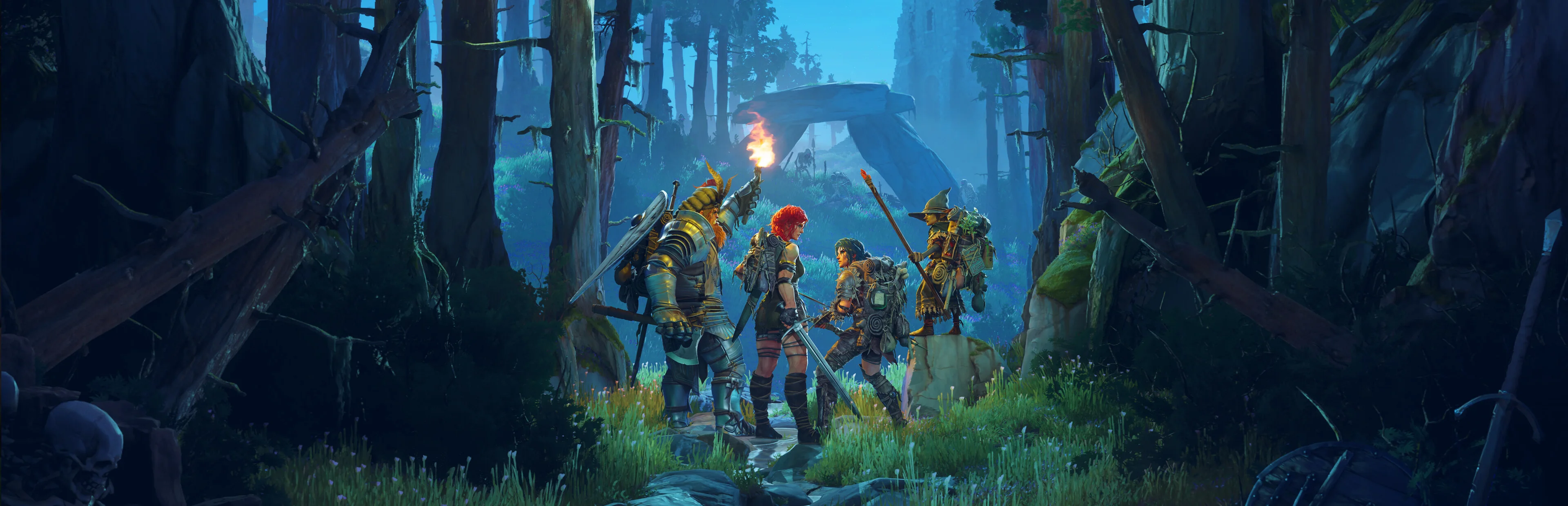 Wyldheart adventurers exploring a moonlit forest